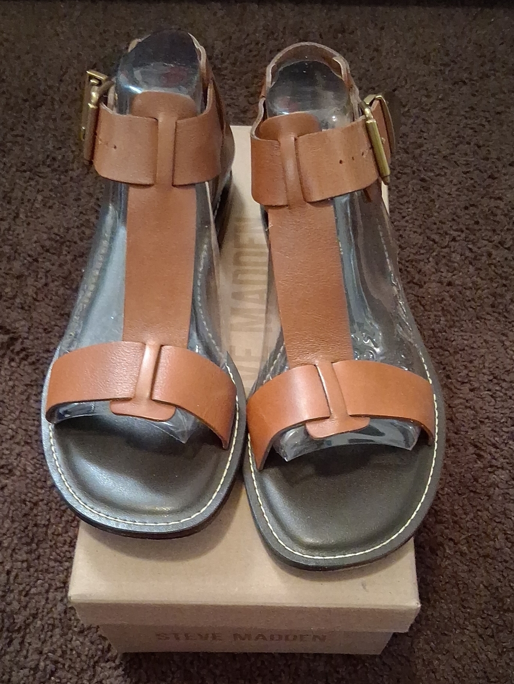 Steve Madden Cognac Leather T-Strap Sandals